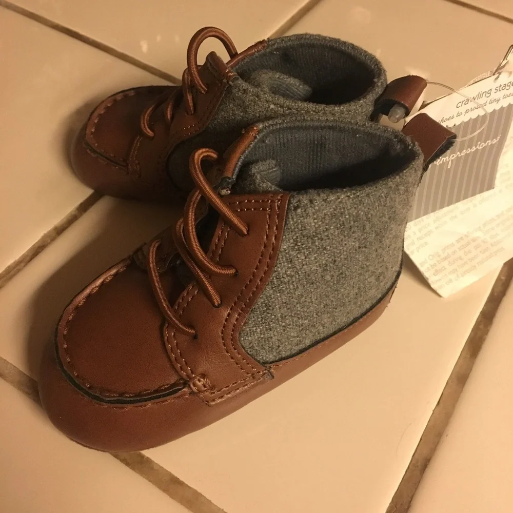 NWT First Impressions Baby Boy Crawling Shoes Stage 3 Brown Gray Soft Sole